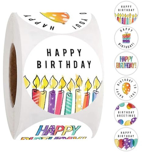 Geburtstagsaufkleber 500pcs/Roll niedliche runde Aufkleber für Geburtstagsklebstoffumschließungsrolle Personalisierte Etiketten für Partys Feiern Sie Geschenkdekorationen