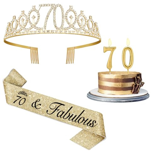Amosking 70th Birthday Decorations for Women-Gold Sash Tiara Candles | 70th Birthday Sash and Crown, Gold Number 70 Candles, 70 and Fabulous Gifts for Women