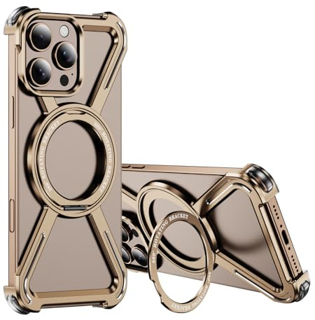 IMEIKONST Case for iPhone 16 Pro Max with 360° Spin Magnetic Stand, [Compatible with Magsafe] Titanium Metal Frameless Military-Grade Drop Protection Cover for iPhone 16 Pro Max. Desert Gold THJ