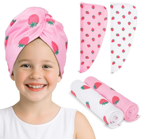 Unicorn Castle Microfiber Hair Towel for Kids 2Pack Hair Wrap Towels Absorbent Hair Drying Towel Wrap Hair Turbans for Curly Thick Hair, Pink White Strawberry