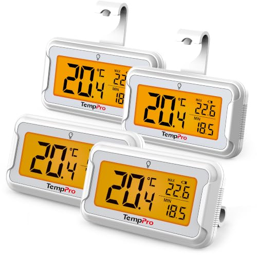 TempPro Kühlschrankthermometer Digital, Gefrierschrank Thermometer 4 Stücke | Digitales Kühl- & Gefrierschrankthermometer mit MIN/MAX-Speicher, Beleuchtung, °C/°F, zum Hängen & Stellen ( Ex-ThermoPro )
