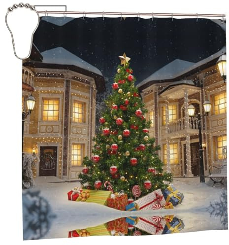 WXWJSHMGC Tenda da doccia impermeabile con stampa albero di Natale per bagno, decorazione da bagno con foglie con 12 ganci per tenda, 183 x 183 cm