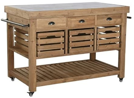 DRW Mesa Isla de Cocina con cajones, cubetas, estantes y Barras con colgadores de Madera 142x75x96 cm