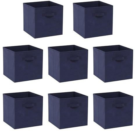 8 PCS Folding Collapsible Storage Cube Boxes with Handle for Kids Toy Clothes, Foldable Canvas Unit Cube Organiser Basket Bin for Nursery Children Bedroom Wardrobe (30*30cm Navy Blue, Pack of 8)