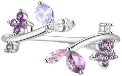 Anelli da donna, anelli dell'amicizia, con foglia delicata, anello aperto, regolabile, con taglio a goccia viola, ametista, oro bianco, Oro bianco 9 K, Ametista