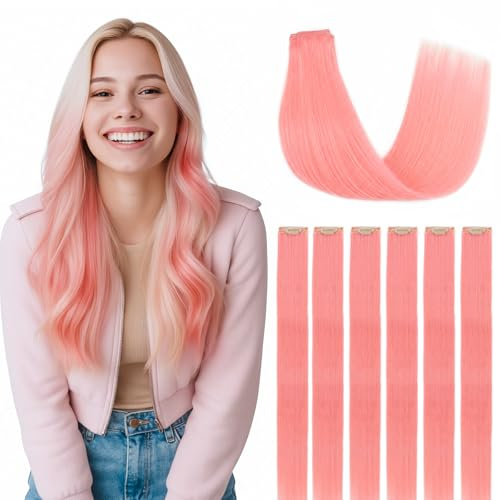 SEGOHAIR Clip in Hair Extensions Real Human Hair 6Pcs Pink Double Weft Hairpieces Straight Highlights Hair Extensions Clip in Seamless 12inch 33g
