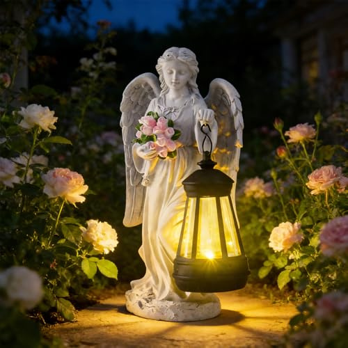 Vmxlso Engel für Grab Wetterfest, Solar Engel Figur, Grabengel Wetterfest mit Led Solarleuchten, wasserdichte Betende Grabengel (Blumenstrauß und Laterne)