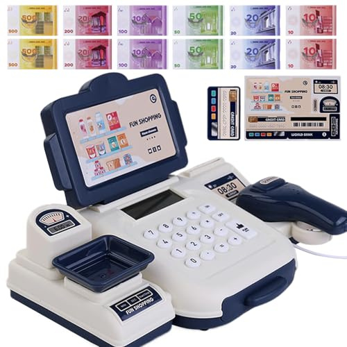 Rdfhrg Kasse Kinder Mit Scanner ABS Spielzeugkasse Für Kinder 23 X 15 X 6,5 cm Kinderkasse Mit Zubehör EC-Karte Spielgeld Registrierkasse Spielzeug Für Mädchen 5 Jahren