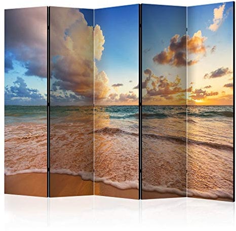 decomonkey Paravent Raumteiler Innen Meer 225x172 cm 5 Teilig Beidseitig Room Divider Wall Raumteiler Stehend Trennwand Sichtschutz Spanische Wand Sichtschutzwand Wohnzimmer Holz Strand Himmel