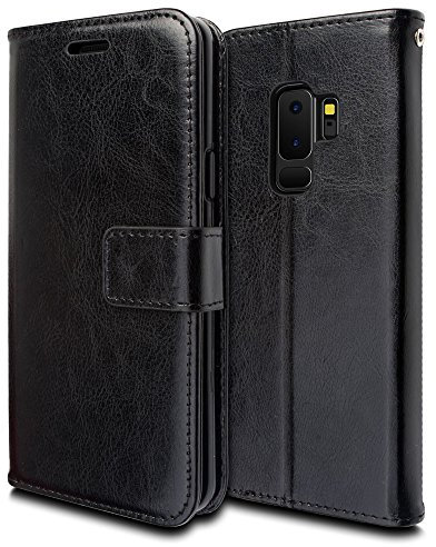 TECHGEAR Galaxy S9 Plus Case - Leather Wallet Flip Protective Case Cover with Card Slots, Kickstand and Wrist Strap - Black PU Leather Compatible with Samsung Galaxy S9 Plus