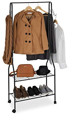 Relaxdays Rollgarderobe, mit 2 Ablagen f. Schuhe, Taschen, Accessoires, Haken, Metall, stabiler Kleiderständer, schwarz