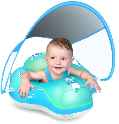 LAYCOL Baby Pool Float with Canopy UPF50+, 5 Point Safety Buckle No Flip Over, Inflatable Toddler Floaties Infant Pool Floats with Double Air Chambers, Baby Beach Essentials/Traval for 3-36M Blue L