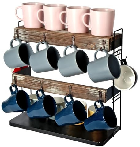J JACKCUBE DESIGN Rustic Wooden Coffee Mug Holder – Multi-Tier Coffee Cup Holder and Mug Rack with Storage Space – Perfect for Kitchen and Countertop Organization - MK651A