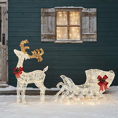 Lights4fun 280er LED Rentier mit Schlitten 100cm warmweiß Timer innen und außen