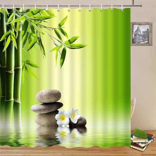Zen Garden Shower Curtains Spa Green Bamboo Stone White Flower Water Landscape Bathroom Decor Polyester Cloth Curtain Set 70 X 70 Inch with Hooks