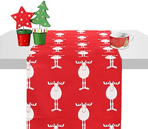 HAMOOM Weihnachten Tischläufer Rentier Weihnachtstischläufer Rot Weihnachtsläufer Winter Tisch Tischband Baumwolle Weihnachten Tisch Läufer für drinnen und draußen Weihnachten Esstisch Deko 30 x180 cm