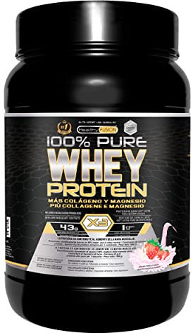 Healthy Fusion Whey Protein | Proteína pura con Colágeno + Magnesio | Tonifica y aumenta la masa muscular | Mejora tus entrenamientos | 1000g (Fresa)