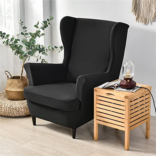 Highdi 2 Teilig Ohrensessel Überzug, Sessel-Überwürfe Ohrensessel Schonbezüge Bezug Sesselhusse Elastisch Stretch Stuhlbezug mit Armlehne Hohe Rückenlehne Universal (Schwarz,Sesselhusse)