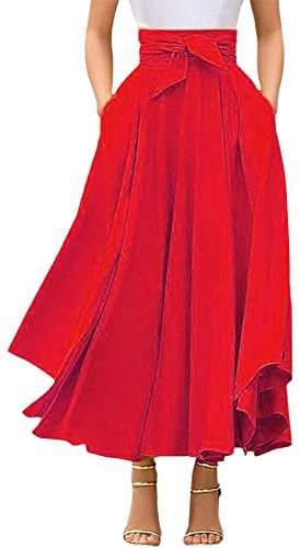 chouyatou Women's Elegant High Waisted Side Slit Irregular Bohemian Maxi Skirt with Pockets (Large, Red)