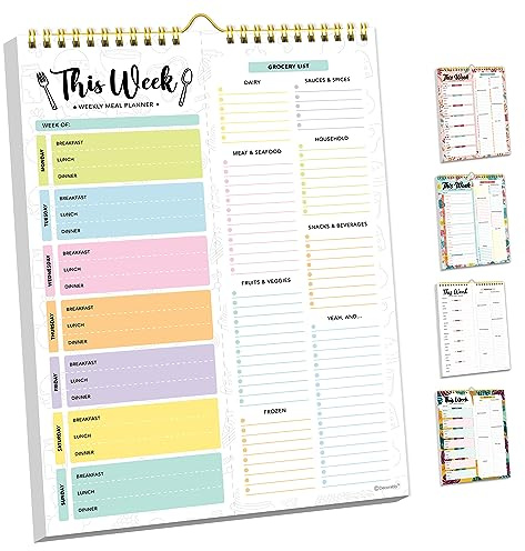 Decorably 52 Sheets Pastel Undated Magnetic Weekly Meal Planner and Grocery List Notepad with 4 Strong Magnets - 8.5x11in Spring-Bound, Refrigerator Mountable, Easy Tear-Off Design