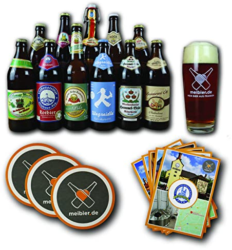 meibier© 11er Bier Box aus Franken #2 + Info Flyer,11x 0,5 Liter fränkisches Bier + meibier Willibecher + 3x Bierfilz, tolles Bier Geschenk, Bierbox, Bierpaket