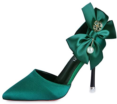 Sandalias de Perlas Sexy con Punta en Punta para Mujer Tacón alto con tiras Punta cerrada Tacones de aguja Sandalias Bomba Fiesta Zapatos de boda Vestido clásico Fiesta Tacones altos,Verde,36EU