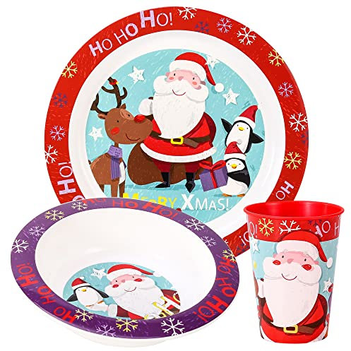 Juego de Vajilla Festiva de Santa Claus de 3 Piezas para Niños, para Cenar y Almorzar, con Placa, Sin BPA