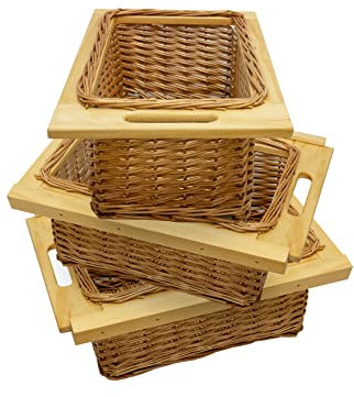 Monster Shop 3 x Pull out Wicker Basket Drawer 500mm Storage Solution Larder Base Unit Cupboard w/ Handle Rustic Beech Wood Farmhouse Style 100% Handmade Rattan FREE Fixing Kit Included – Brown