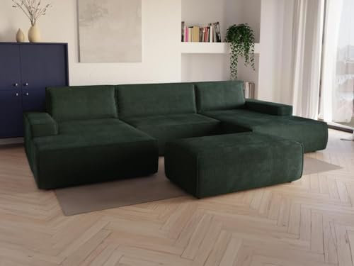 Vente-unique Amelia Ecksofa, Panorama, umwandelbar, Kordsamt, Dunkelgrün