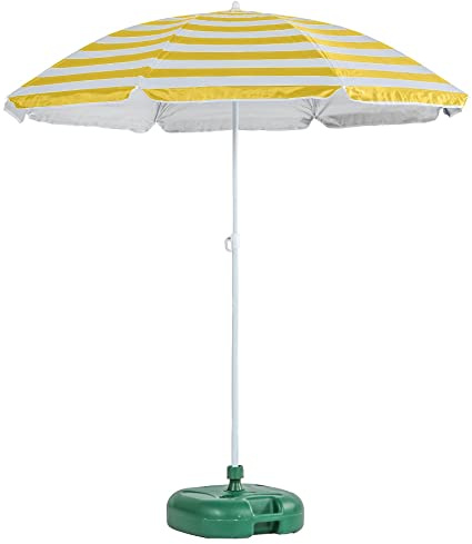 Harbour Housewares Yellow Striped Beach Parasol with Base - 1.74 x 1.93m - UPF 50+ Portable Garden Umbrella with Green Base Lightweight UV Sun Protection Umbrella for Picnics, Garden and Beach Days