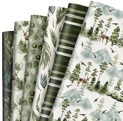 AnyDesign 12 Blatt Geschenkpapier Waldmotiv Aquarell Wald Geschenkpapier Bulk Grüner Baum Elch Kunstpapier für Geburtstag Hochzeit Babyparty DIY Handwerk Geschenkverpackung, 19.7x27.6, flach gefaltet