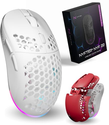 Nyfter - NYF22 Wireless Gaming Mouse mit White-Red Honeycomb Maus Ultraleicht 75g leistungsstark mit 400mA 19K DPI, 400 IPS 1000 hz 50h Akkulaufzeit langlebig Zwei wechselbare Cases inkl.