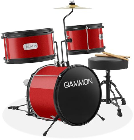 Gammon 3-teiliges Junior Drumset mit Thron - Rot, komplettes Starter-Set mit Bassdrum, Toms, Becken, Pedal und Drumsticks