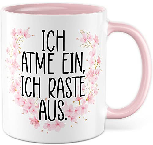 Witz Tasse mit Spruch lustig - Ich atme ein, Ich raste aus Geschenkidee Kaffeetasse Frau Geschenk für Frauen Kaffeebecher Humor Becher (Weiß & Rosa)