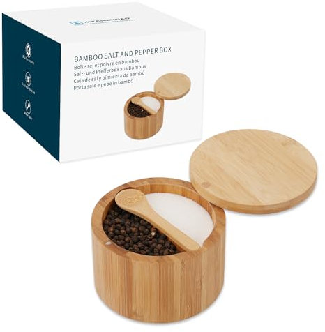 KITCHENDAO Bamboo Salt and Pepper Bowl Box Cellar, Built-in Spoon, Two Compartments Spice Seasoning Container,Sea Salt Cellar Holder,Magnetic Swivel Lid,Dual 5oz Capacity