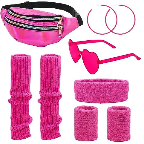 Gvhntk Ensemble d'accessoires de costume des années 80 avec jambières, bandeau, bracelets, holographique, pour fête, marche, yoga, femme (rose)