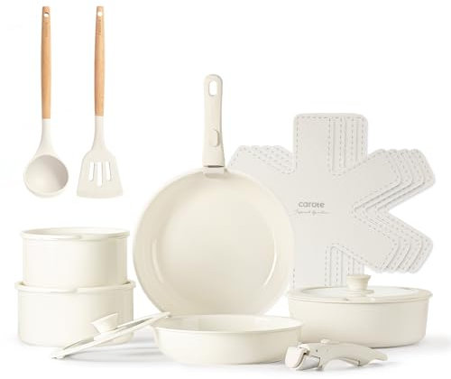 CAROTE 17 Pièces Set Poele et Casserole Induction, Poignée Amovible, Céramique Revêtement Antiadhésif, Poêle à Frire 24/28cm, Casserole 18/20cm, Sauteuse 24cm, Passe au Four, San PFAS