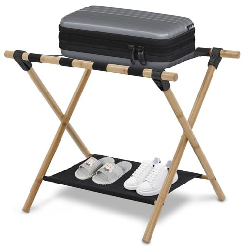 Siairo Porte-bagages portable en bois pour valise, porte-bagages à double étage avec étagère de rangement et porte-bagages pour une utilisation familiale ou hôtelière, 64 x 45 x 52 cm, supporte 50 kg