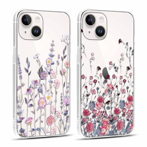 Xylota 2 Pezzi Cover per iPhone 13 mini 5,4, Trasparente Custodia con Aesthetic Disegni Fiori Donne Ragazze Cover, Ultra Sottile Silicone Morbida TPU Bumper Antiurto Protettiva Case, Floreale5