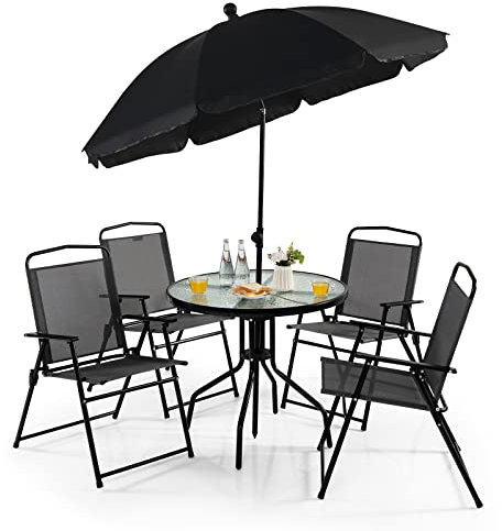 COSTWAY 6 Piece Patio Bistro Set, Garden Dining Furniture Set with 4 Folding Chairs, Tempered Glass Table and Parasol Umbrella, Outdoor Conservatory Table Chairs Set for Balcony Yard Poolside (Grey)