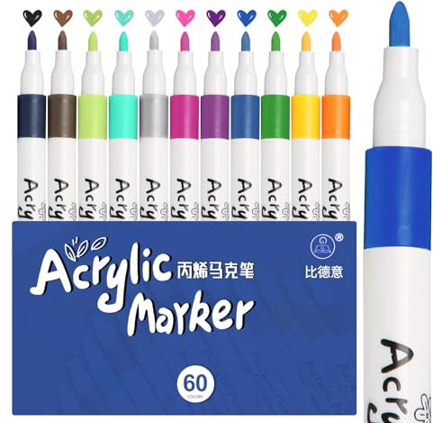wenrescry Lot de 60 marqueurs acryliques permanents résistants à l'eau - Couleurs vives et pointe fine - Idéal pour peinture sur pierre, toile, bois, verre et projets de bricolage multi-surfaces