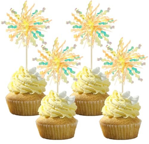 Gyufise 20Pcs Foil Firework Cupcake Toppers Happy Birthday Cake Toppers Tinsel Flower Drink Stirrers Cocktail Food Fruit Toothpicks for Valentine's Day Party Birthday Wedding Supplies Yellow