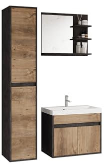 MINIO - Badmöbel Set mit Waschbecken Capri, 3-TLG. Badezimmer Set, 1x Badezimmerschrank, 1x Waschbecken mit Unterschrank 60 cm, 1x Badspiegel mit Ablage - Farbe Matera/Kastanien Breslau