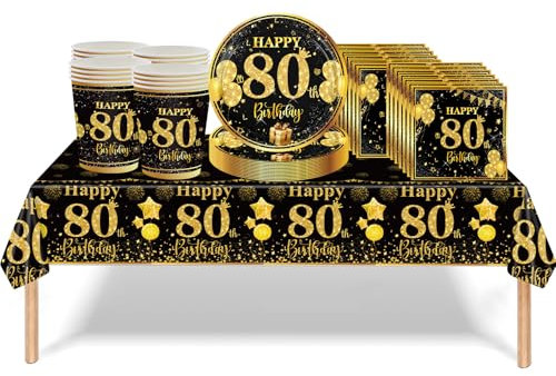 53Pcs Black Gold 80th Birthday Party Tableware Decorations - Table Cloth, Plates, Napkins, Cups Sets for 80th Birthday Gifts Dinnerware