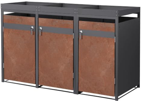 ML-Design Mülltonnenbox 3er mit Pflanzdach für 3 Tonnen, 240L, 200x80x124 cm, Rost-Optik, Stahl, wetterfest, Abschließbare Mülltonnenverkleidung mit Tür, Müllbox Mülltonnecontainer Mülltonnenabdeckung