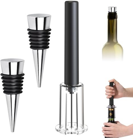 FBBULES Set de Tire Bouchon Pompe à Air avec 2 Bouchon Bouteille Vin Réutilisables, Ouvre Bouteille à Pression Portable Compact pour Maison, Restaurant, Cadeau pour les Amateurs de Vin
