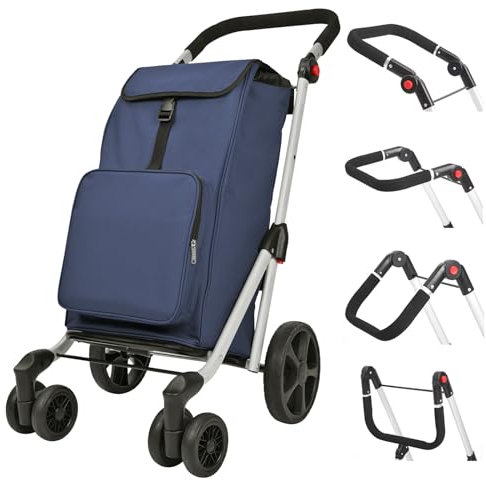 LEUYA ABC Grocery Trolley, 6-Wheel Aluminium Shopping Cart, 45L, Blue, Folding with Insulated Cooling Bag