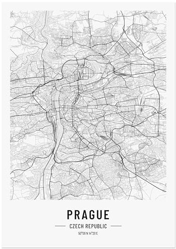 JUNOMI® Prag Poster 50x70 cm Wohnzimmer Deko, Modernes Wandbild, Prag Bild, Wandbild ohne Rahmen, Stadtplan Poster Prag, perfekte Geschenkidee für Prager