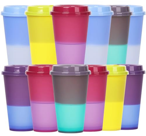 Yisituo 480ml Reusable Coffee Cups with Lids, Plastic Tumblers, 12 Pack Colour Changing Travel Mugs, for Home, Car, Beach, Camping, and Party (12, Rainbow)