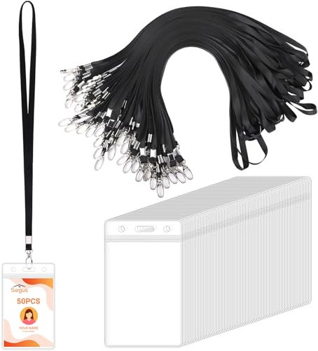 Segus Ausweishülle mit Band, 50 Stück Kartenhalter mit Band, Schlüsselbänder zum Umhängen, Transparent Kartenhülle mit Schlüsselband Schwarz, für Büros, Geschäfts, Messe (Vertikale)